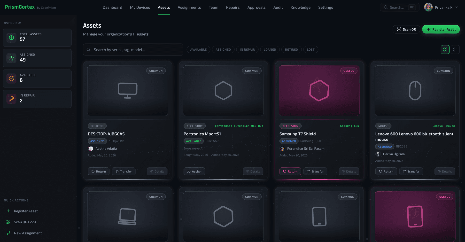 PrismCortex catalog card grid — seat usage and asset status at a glance